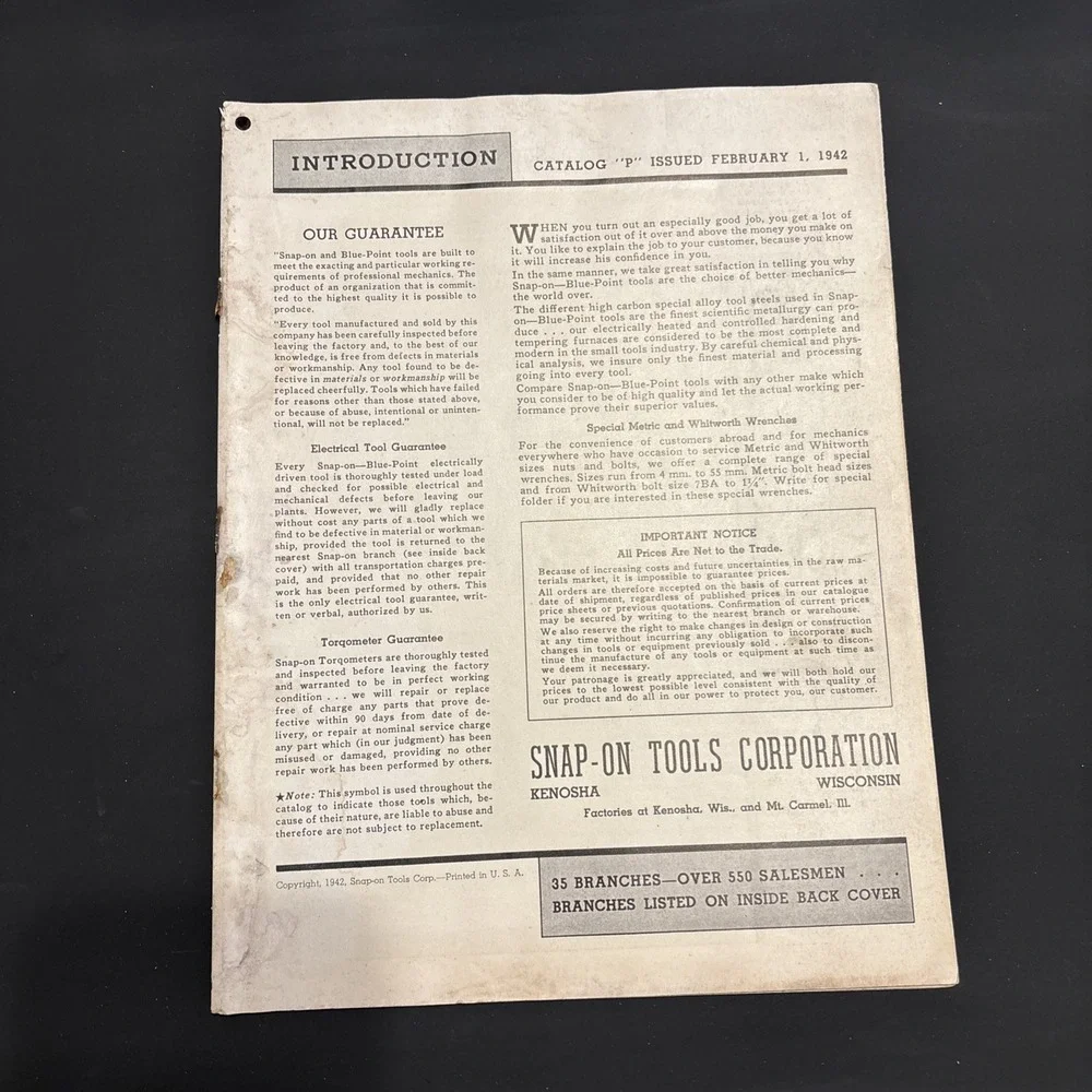 Vintage 1942 Snap On Catalog Blue Point Tools Catalog P WWII Era 96 Pages